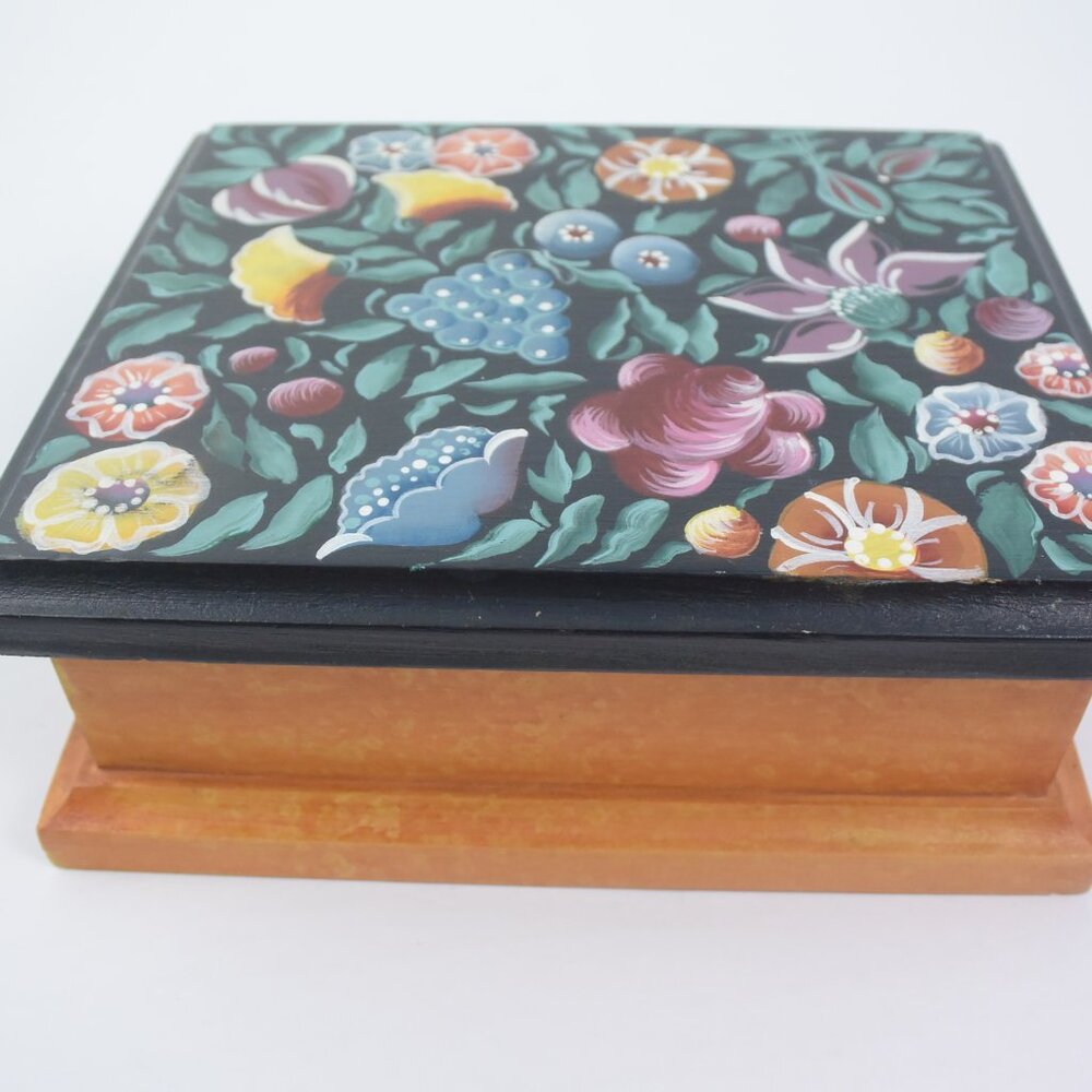 VTG Tole Painted Handmade Wooden Card Trinket Jewelry Box Signed Dated